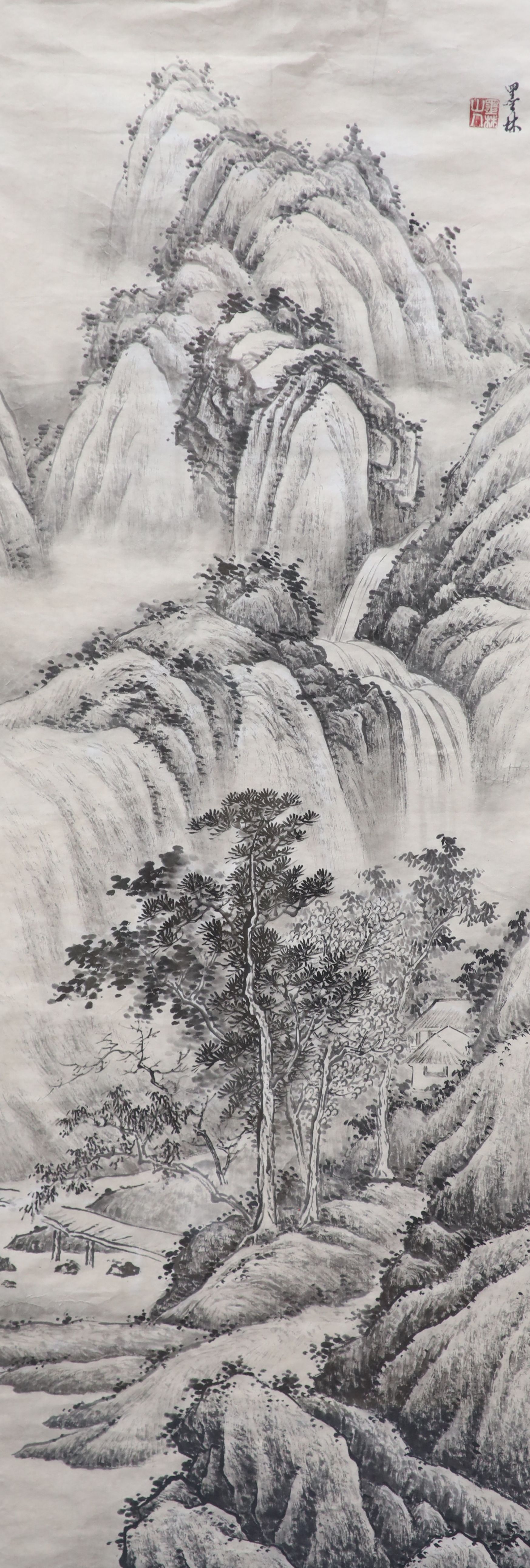Chinese School, four monochrome watercolours on paper, Mountain landscapes, 93 x 33cm